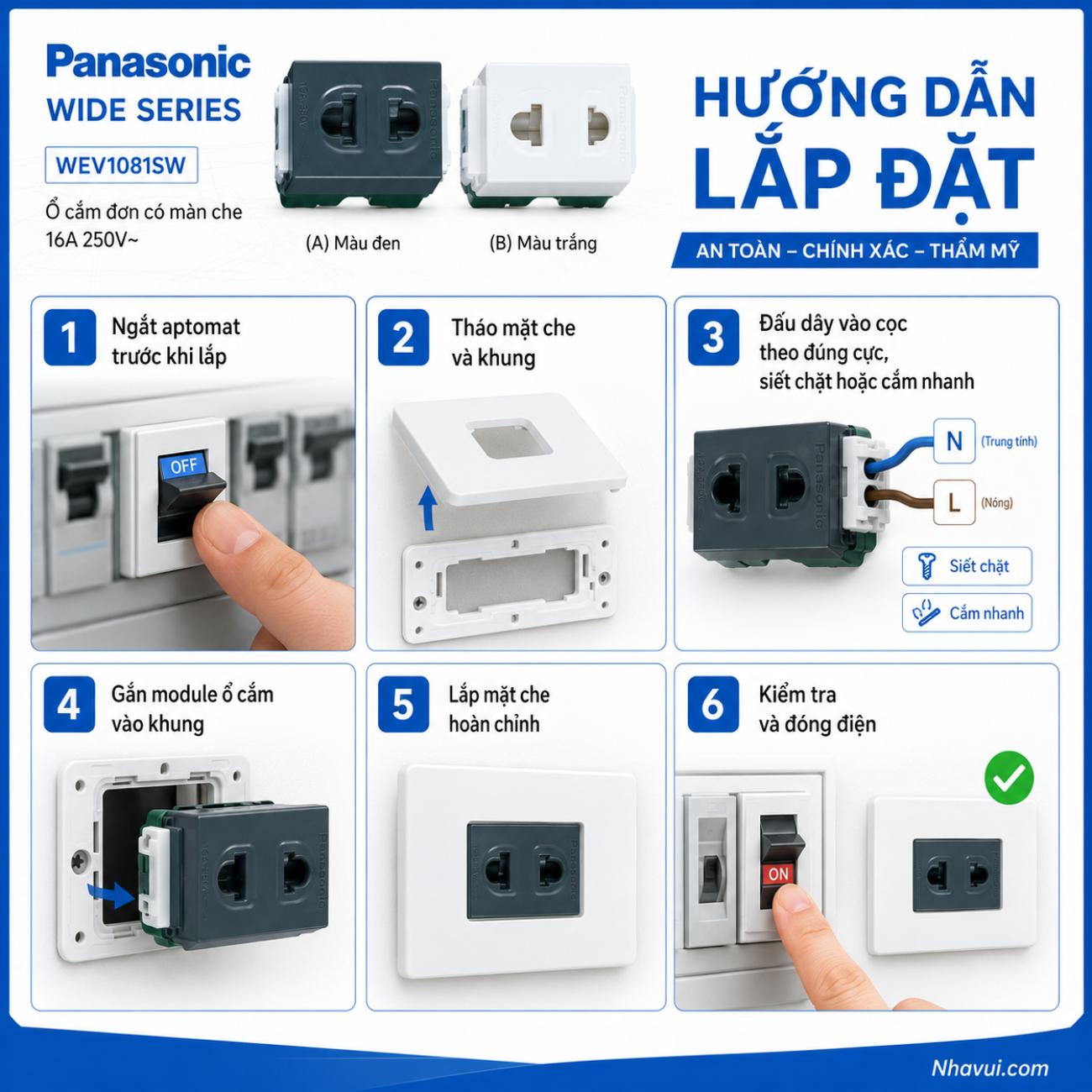 Ổ cắm đơn có màn che Panasonic WIDE Series 250VAC – 16A